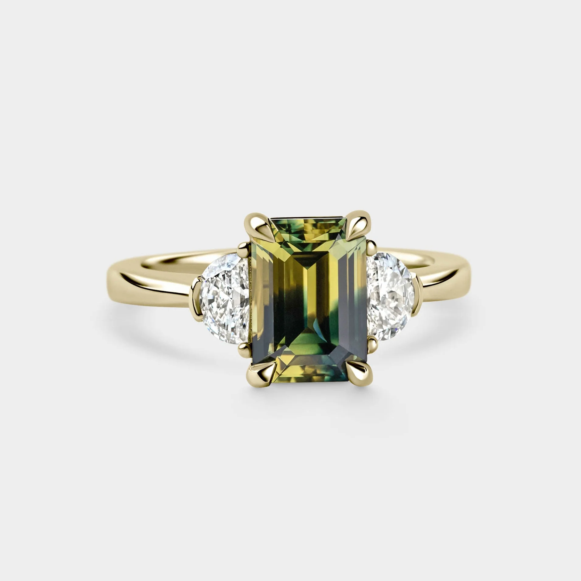 2.68ct Three Stone of Yellow/Blue Parti Sapphire & Half Moon Cut