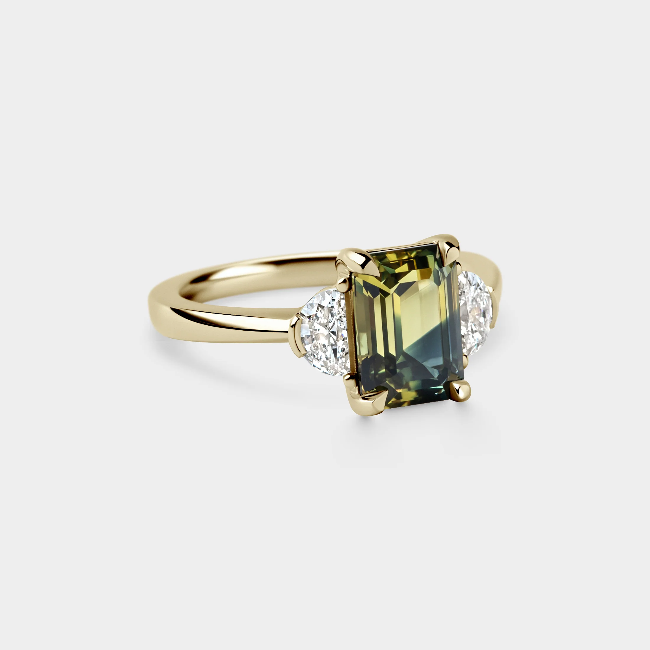 2.68ct Three Stone of Yellow/Blue Parti Sapphire & Half Moon Cut - Image 3