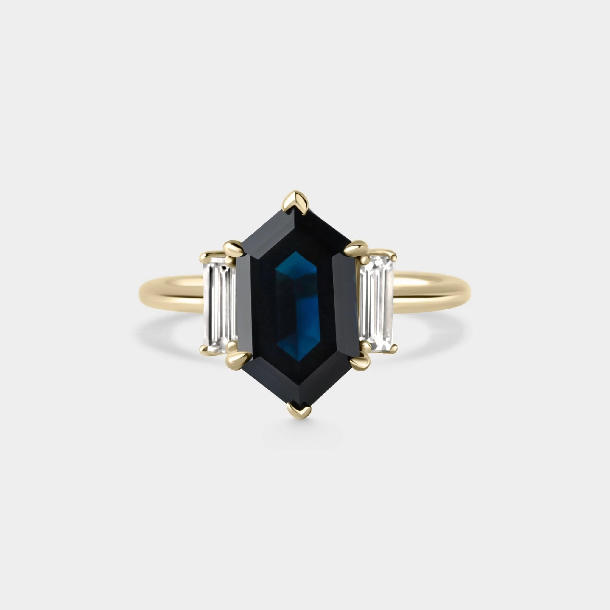 3.85ct Three Stone of Dark Blue Hex Cut Sapphire & Diamond