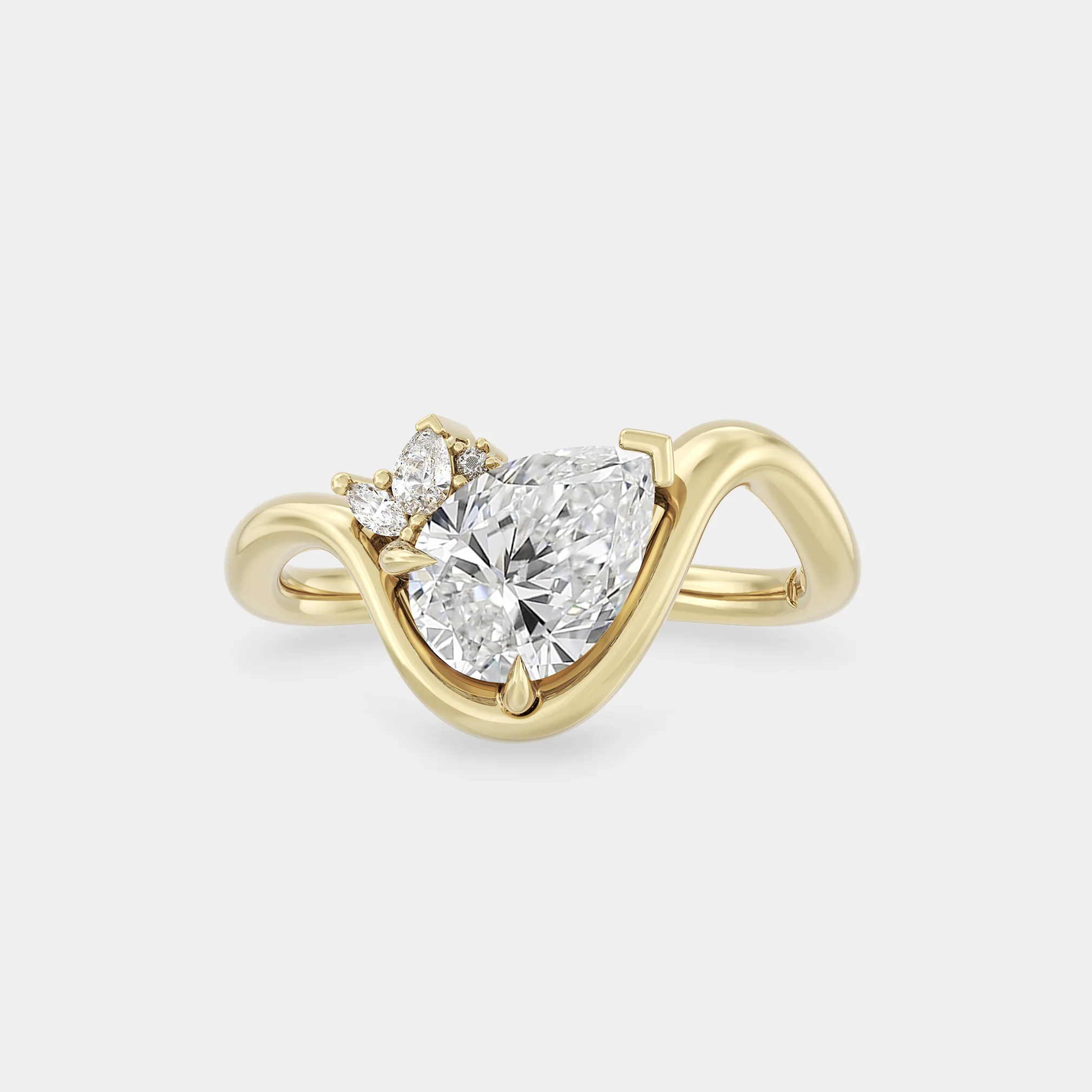 Off-angle Asymmetrical Cluster of Pear Sapphire on Curved Shank